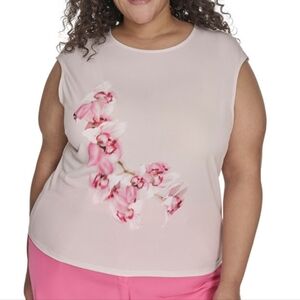 Womens Calvin Klein Floral Pink Sleeveless Top Soft Taupe 3X New With Tags